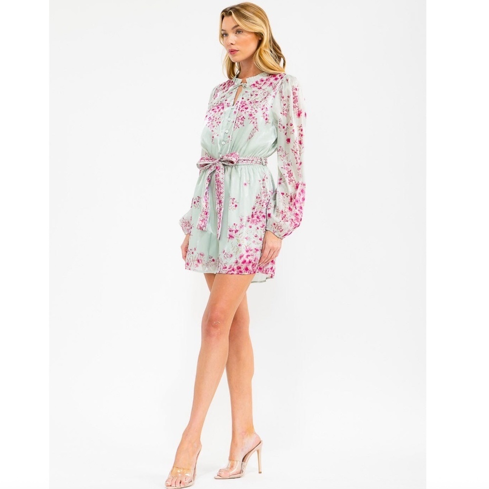 Emily Wonder Sage Pink Long Sleeve V-Neck Self Tie Floral Romper